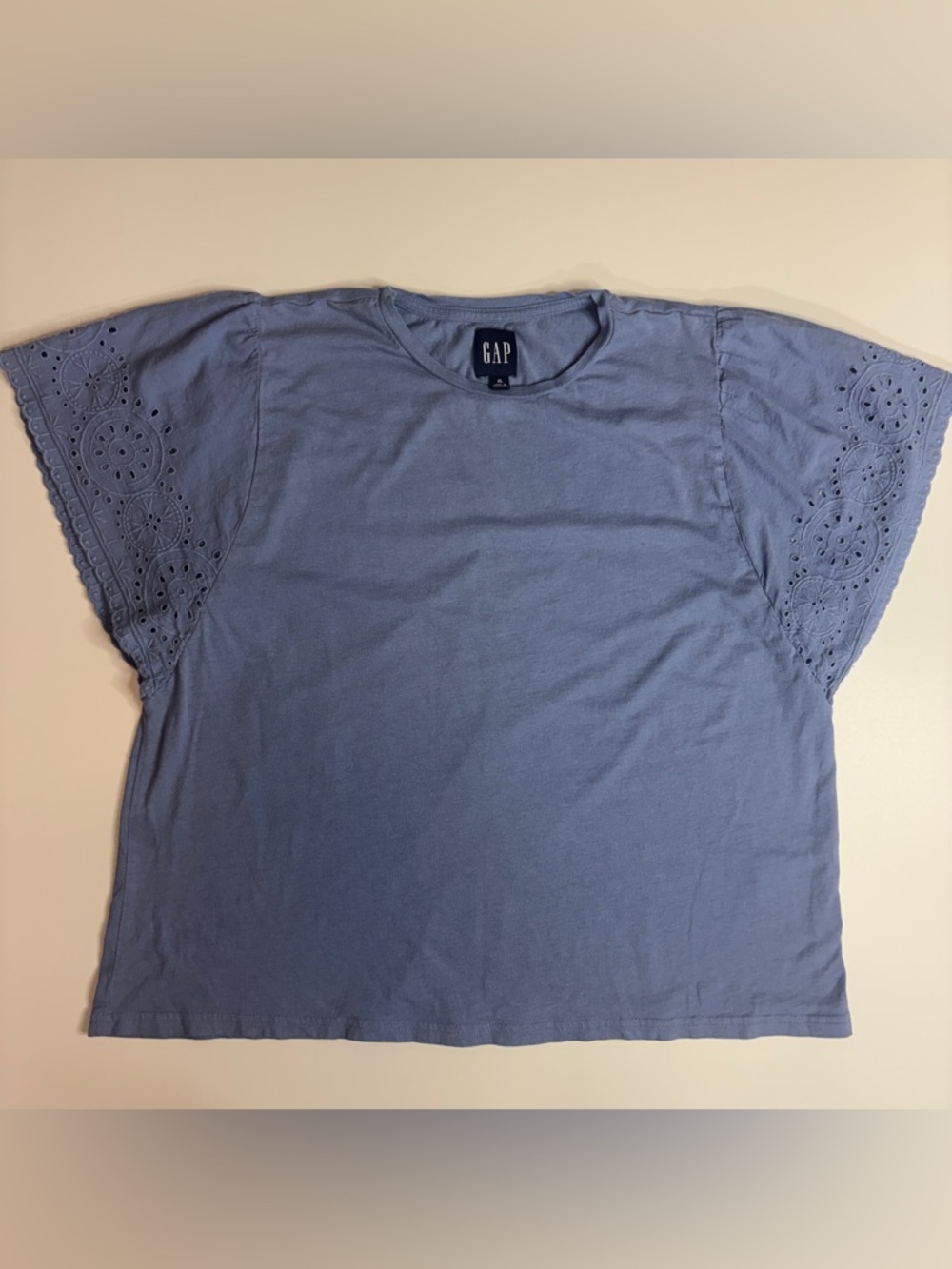 GAP Blue Eyelet Flutter Sleeve Top XL Boho Cottagecore Feminine Romantic